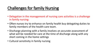 Challenges for family Nursing
• Delegation in the management of nursing care activities is a challenge
in family nursing:
• Often nurses try to enhance on family health buy delegating duties to
family members of the health care team.
• Discharge planning with a family involves an accurate assessment of
what will be needed for care at the time of discharge along with any
short coming in the home settings
• Cultural sensitivity in family nursing
 