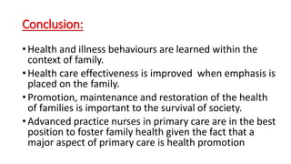Conclusion:
• Health and illness behaviours are learned within the
context of family.
• Health care effectiveness is improved when emphasis is
placed on the family.
• Promotion, maintenance and restoration of the health
of families is important to the survival of society.
• Advanced practice nurses in primary care are in the best
position to foster family health given the fact that a
major aspect of primary care is health promotion
 