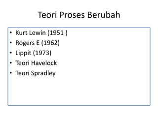 Teori Proses Berubah
• Kurt Lewin (1951 )
• Rogers E (1962)
• Lippit (1973)
• Teori Havelock
• Teori Spradley
 