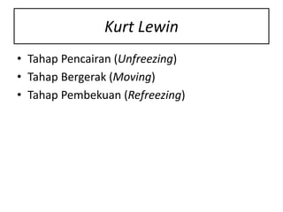 Kurt Lewin
• Tahap Pencairan (Unfreezing)
• Tahap Bergerak (Moving)
• Tahap Pembekuan (Refreezing)
 