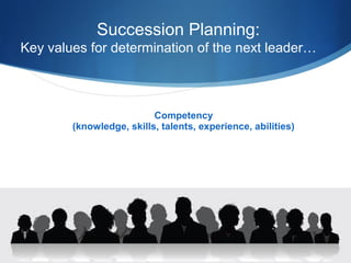 Succession Planning:
Key values for determination of the next leader…

Competency
(knowledge, skills, talents, experience,...