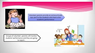 Volunteer parents provide an extracurricular
sup- port to the students who have a low
academic performance
Groups of volunteer parents will monitor
students’ performance and they are going
to report .
 