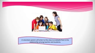 A volunteer parent will enter to the class to evaluate how is the
relationship among teacher and students.
 