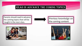 Read in advance THE COMING TOPICS
Parents should read in advance
the coming topics that will be
taught in the next class.
Previous knowledge on
the coming content.
 