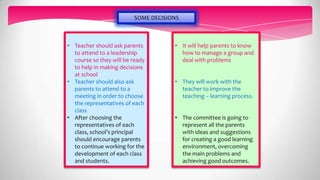 • Teacher should ask parents
to attend to a leadership
course so they will be ready
to help in making decisions
at school
• Teacher should also ask
parents to attend to a
meeting in order to choose
the representatives of each
class
• After choosing the
representatives of each
class, school’s principal
should encourage parents
to continue working for the
development of each class
and students.
• It will help parents to know
how to manage a group and
deal with problems
• They will work with the
teacher to improve the
teaching – learning process.
• The committee is going to
represent all the parents
with ideas and suggestions
for creating a good learning
environment, overcoming
the main problems and
achieving good outcomes.
SOME DECISIONS
 