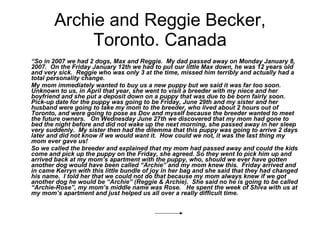 Archie and Reggie Becker, Toronto. Canada “ So in 2007 we had 2 dogs, Max and Reggie.  My dad passed away on Monday January 8, 2007.  On the Friday January 12th we had to put our little Max down, he was 12 years old and very sick.  Reggie who was only 3 at the time, missed him terribly and actually had a total personality change.   My mom immediately wanted to buy us a new puppy but we said it was far too soon.  Unknown to us, in April that year, she went to visit a breeder with my niece and her boyfriend and she put a deposit down on a puppy that was due to be born fairly soon.  Pick-up date for the puppy was going to be Friday, June 29th and my sister and her husband were going to take my mom to the breeder, who lived about 2 hours out of Toronto, and were going to pose as Dov and myself because the breeder wanted to meet the future owners.   On Wednesday June 27th we discovered that my mom had gone to bed the night before and did not wake up the next morning, she passed away in her sleep very suddenly.  My sister then had the dilemma that this puppy was going to arrive 2 days later and did not know if we would want it.  How could we not, it was the last thing my mom ever gave us!   So we called the breeder and explained that my mom had passed away and could the kids come and pick up the puppy on the Friday, she agreed. So they went to pick him up and arrived back at my mom’s apartment with the puppy, who, should we ever have gotten another dog would have been called “Archie” and my mom knew this.  Friday arrived and in came Kerryn with this little bundle of joy in her bag and she said that they had changed his name.  I told her that we could not do that because my mom always knew if we got another dog he would be “Archie” (Reggie & Archie).  She said no he is going to be called “Archie-Rose”, my mom’s middle name was Rose.   He spent the week of Shiva with us at my mom’s apartment and just helped us all over a really difficult time. 