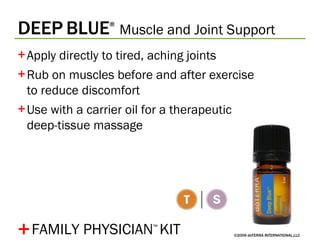 DEEP   BLUE ®   Muscle and Joint Support ©2009 dōTERRA INTERNATIONAL,LLC Apply directly to tired, aching joints Rub on muscles before and after exercise to reduce discomfort Use with a carrier oil for a therapeutic deep-tissue massage + FAMILY PHYSICIAN ™   KIT 