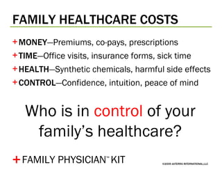FAMILY HEALTHCARE COSTS ©2009 dōTERRA INTERNATIONAL,LLC MONEY —Premiums, co-pays, prescriptions TIME —Office visits, insurance forms, sick time HEALTH —Synthetic chemicals, harmful side effects CONTROL —Confidence, intuition, peace of mind + Who is in  control  of your family’s healthcare? FAMILY PHYSICIAN ™   KIT 