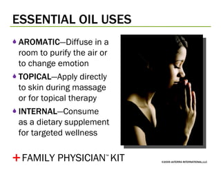 ESSENTIAL OIL USES ©2009 dōTERRA INTERNATIONAL,LLC AROMATIC —Diffuse in a room to purify the air or to change emotion TOPICAL —Apply directly to skin during massage or for topical therapy INTERNAL —Consume  as a dietary supplement for targeted wellness + FAMILY PHYSICIAN ™   KIT 