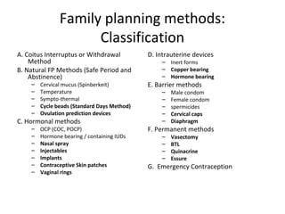 Family planning methods:
Classification
A. Coitus Interruptus or Withdrawal
Method
B. Natural FP Methods (Safe Period and
Abstinence)
–
–
–
–
–

– Inert forms
– Copper bearing
– Hormone bearing

Cervical mucus (Spinberkeit)
Temperature
Sympto-thermal
Cycle beads (Standard Days Method)
Ovulation prediction devices

E. Barrier methods

OCP (COC, POCP)
Hormone bearing / containing IUDs
Nasal spray
Injectables
Implants
Contraceptive Skin patches
Vaginal rings

F. Permanent methods

C. Hormonal methods
–
–
–
–
–
–
–

D. Intrauterine devices

–
–
–
–
–
–
–
–
–

Male condom
Female condom
spermicides
Cervical caps
Diaphragm
Vasectomy
BTL
Quinacrine
Essure

G. Emergency Contraception

 