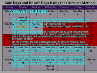 Natural Methods 
 Natural methods of contraception are considered "natural" because they 
are not mechanical and not a result of hormone manipulation. Instead, 
these methods require that a man and woman not 
have sexual intercourse during the time when an egg is available to be 
fertilized by a sperm. 
 The fertility awareness methods (FAMs) are based upon knowing when 
a woman ovulates each month. In order to use a FAM, it is necessary to 
watch for the signs and symptoms that indicate ovulation has occurred 
or is about to occur. 
 On the average, the egg is released about 14 (plus or minus 2) days 
before a woman's next menstrual period. But because the egg survives 
3 to 4 days (6 to 24 hours after ovulation) and the sperm can live 48 to 
72 hours (up to even 5 days in fertile mucous), the actual time during 
which a woman may become pregnant is measured not in hours, not in 
days, but in weeks. 
 FAMS can be up to 98% effective, but they require a continuous and 
conscious commitment with considerable monitoring and self-control. 
Although these methods were developed to prevent pregnancy, they 
can equally be well used by a couple to increase fertility and promote 
conception. 
 