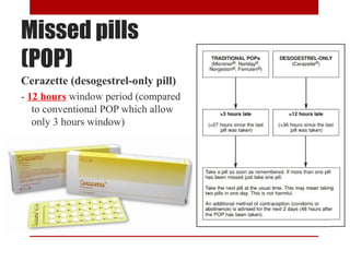 Missed pills 
(POP) 
Cerazette (desogestrel-only pill) 
- 12 hours window period (compared 
to conventional POP which allow 
only 3 hours window) 
 
