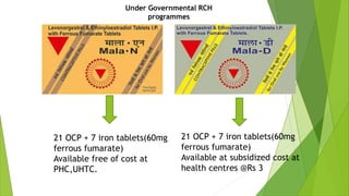 21 OCP + 7 iron tablets(60mg
ferrous fumarate)
Available free of cost at
PHC,UHTC.
21 OCP + 7 iron tablets(60mg
ferrous fumarate)
Available at subsidized cost at
health centres @Rs 3
Under Governmental RCH
programmes
 