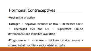 Hormonal Contraceptives
•Mechanism of action
-Estrogen  negative feedback on HPA  decreased GnRH
 decreased FSH and LH  suppressed follicle
development and inhibited ovulation
-Progesterone  as above + thickens cervical mucus +
altered tubal motility + endometrial atrophy
 