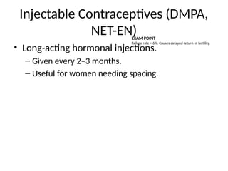 Injectable Contraceptives (DMPA,
NET-EN)
• Long-acting hormonal injections.
– Given every 2–3 months.
– Useful for women needing spacing.
EXAM POINT
Failure rate ≈ 6%. Causes delayed return of fertility.
 