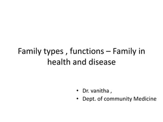 Family types , functions – Family in
health and disease
• Dr. vanitha ,
• Dept. of community Medicine
 