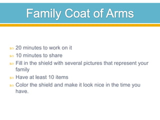 Family Coat of Arms20 minutes to work on it 10 minutes to shareFill in the shield with several pictures that represent your familyHave at least 10 itemsColor the shield and make it look nice in the time you have.
