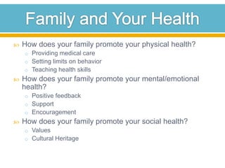 Family and Your HealthHow does your family promote your physical health?Providing medical careSetting limits on behaviorTeaching health skillsHow does your family promote your mental/emotional health?Positive feedbackSupportEncouragementHow does your family promote your social health?ValuesCultural Heritage