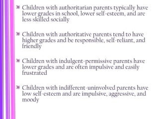 Children with authoritarian parents typically have
lower grades in school, lower self-esteem, and are
less skilled socially
Children with authoritative parents tend to have
higher grades and be responsible, self-reliant, and
friendly
Children with indulgent-permissive parents have
lower grades and are often impulsive and easily
frustrated
Children with indifferent-uninvolved parents have
low self-esteem and are impulsive, aggressive, and
moody
 