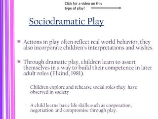 Sociodramatic Play
Actions in play often reflect real world behavior, they
also incorporate children's interpretations and wishes.
Through dramatic play, children learn to assert
themselves in a way to build their competence in later
adult roles (Elkind, 1981).
‐ Children explore and rehearse social roles they have
observed in society
‐ A child learns basic life skills such as cooperation,
negotiation and compromise through play.
Click for a video on this
type of play!
 