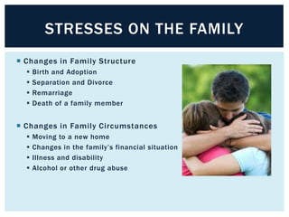 STRESSES ON THE FAMILY
 Changes in Family Structure





Birth and Adoption
Separation and Divorce
Remarriage
Death of a family member

 Changes in Family Circumstances





Moving to a new home
Changes in the family’s financial situation
Illness and disability
Alcohol or other drug abuse

 