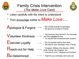 Family Crisis Intervention
              (The Make Love Card)
• Listen carefully with the intent to understand
• Then encourage soldier to   Make Love…
Apologize & Forgive             • Be humble enough to apologize
                                • Be gracious enough to forgive



Volunteer Kindness
                                • Not because they earned it, but because
                                you have decided to love
                                • To rebuild their emotional bank account

Exercise Loyalty                • Do not slander behind their back
                                • Be loyal to your marriage vows / Family


Reach-out for Help              • Chaplain, Military One Source, JMHS,
                                ACS, Family Life Chaplain, etc.
                                • Connect to civic / religious communities

Be Determined                   • Fight for you marriage; don’t give up!
 