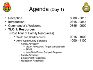 Agenda (Day 1)
•   Reception                                         0800 - 0815
•   Introduction                                      0815 - 0845
•   Commander’s Welcome                               0845 - 0900
•   TLO 1: Resources
     (Post Tour of Family Resources)
        • Youth and Child Services                    0915 - 1000
        • Army Community Services                     1000 - 1100
           – Family Advocacy
               » Victim Advocacy / Anger Management
               » EFMP
               » New-Sole Parent Support Program
           – Family Advocacy
           – Employment Readiness
           – Relocation Readiness
 