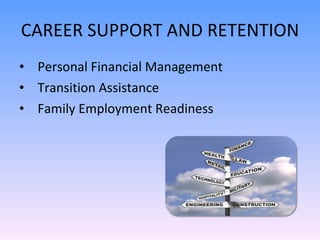 CAREER SUPPORT AND RETENTION Personal Financial Management Transition Assistance Family Employment Readiness 