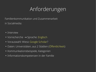 Anforderungen
Familienkommunikation und Zusammenarbeit
in Socialmedia:
●
Interview
●
Vorrecherche → Sprache: Englisch
●
Vorauswahl: Wieso Google Scholar?
●
Daten: Universitäten, aus 2 Städten (Öffentlichkeit)
●
Kommunikationsbeispiele, Kategorien
●
Informationskompetenzen in der Familie
 