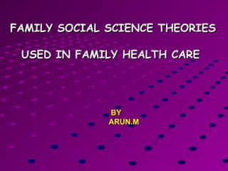 FAMILY SOCIAL SCIENCE THEORIESFAMILY SOCIAL SCIENCE THEORIES
USED IN FAMILY HEALTH CAREUSED IN FAMILY HEALTH CARE
BYBY
ARUN.MARUN.M
 