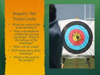 Inquiry: Set
Team Goals
• What are roles of the
team members?
• How will students
collaborate during
meetings? What is
the format of the
meetings?
• Who will do what?
• Will teams have daily
meetings?
• What is the goal of
the project?
 