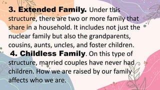 3. Extended Family. Under this
structure, there are two or more family that
share in a household. It includes not just the
nuclear family but also the grandparents,
cousins, aunts, uncles, and foster children.
4. Childless Family. On this type of
structure, married couples have never had
children. How we are raised by our family
affects who we are.
 