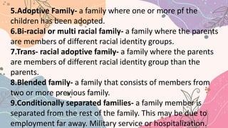 5.Adoptive Family- a family where one or more pf the
children has been adopted.
6.Bi-racial or multi racial family- a family where the parents
are members of different racial identity groups.
7.Trans- racial adoptive family- a family where the parents
are members of different racial identity group than the
parents.
8.Blended family- a family that consists of members from
two or more previous family.
9.Conditionally separated families- a family member is
separated from the rest of the family. This may be due to
employment far away. Military service or hospitalization.
 