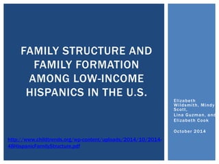 Elizabeth
Wildsmith, Mindy
Scott,
Lina Guzman, and
Elizabeth Cook
October 2014
FAMILY STRUCTURE AND
FAMILY FORMATION
AMONG LOW-INCOME
HISPANICS IN THE U.S.
http://www.childtrends.org/wp-content/uploads/2014/10/2014-
48HispanicFamilyStructure.pdf
 