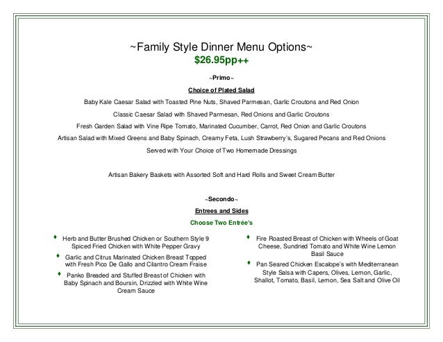 Family Style Dinner Menu