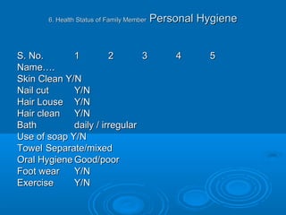 6. Health Status of Family Member6. Health Status of Family Member Personal HygienePersonal Hygiene
S. No.S. No. 11 22 33 44 55
Name….Name….
Skin Clean Y/NSkin Clean Y/N
Nail cutNail cut Y/NY/N
Hair LouseHair Louse Y/NY/N
Hair cleanHair clean Y/NY/N
BathBath daily / irregulardaily / irregular
Use of soap Y/NUse of soap Y/N
TowelTowel Separate/mixedSeparate/mixed
Oral HygieneOral Hygiene Good/poorGood/poor
Foot wearFoot wear Y/NY/N
ExerciseExercise Y/NY/N
 