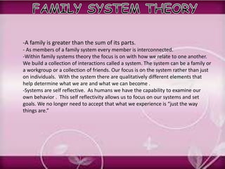 -A family is greater than the sum of its parts.
- As members of a family system every member is interconnected.
-Within family systems theory the focus is on with how we relate to one another.
We build a collection of interactions called a system. The system can be a family or
a workgroup or a collection of friends. Our focus is on the system rather than just
on individuals. With the system there are qualitatively different elements that
help determine what we are and what we can become .
-Systems are self reflective. As humans we have the capability to examine our
own behavior . This self reflectivity allows us to focus on our systems and set
goals. We no longer need to accept that what we experience is “just the way
things are.”
 