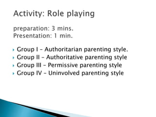  Group I – Authoritarian parenting style.
Group II – Authoritative parenting style
Group III – Permissive parenting style
Group IV – Uninvolved parenting style