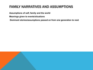 FAMILY NARRATIVES AND ASSUMPTIONS
Assumptions of self, family and the world
Meanings given to events/situations
Dominant stories/assumptions passed on from one generation to next
 