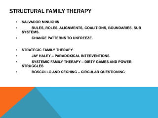 STRUCTURAL FAMILY THERAPY
• SALVADOR MINUCHIN
• RULES, ROLES, ALIGNMENTS, COALITIONS, BOUNDARIES, SUB
SYSTEMS.
• CHANGE PATTERNS TO UNFREEZE.
• STRATEGIC FAMILY THERAPY
• JAY HALEY – PARADOXICAL INTERVENTIONS
• SYSTEMIC FAMILY THERAPY – DIRTY GAMES AND POWER
STRUGGLES
• BOSCOLLO AND CECHING – CIRCULAR QUESTIONING
 