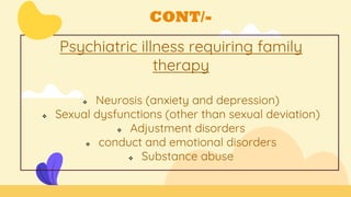 CONT/-
Psychiatric illness requiring family
therapy
 Neurosis (anxiety and depression)
 Sexual dysfunctions (other than sexual deviation)
 Adjustment disorders
 conduct and emotional disorders
 Substance abuse
 