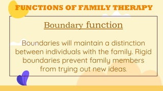 FUNCTIONS OF FAMILY THERAPY
Boundary function
Boundaries will maintain a distinction
between individuals with the family. Rigid
boundaries prevent family members
from trying out new ideas.
 