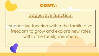 CONT/-
Supportive function:
supportive function within the family give
freedom to grow and explore new roles
within the family members.
 