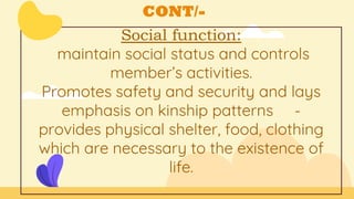 CONT/-
Social function:
maintain social status and controls
member’s activities.
Promotes safety and security and lays
emphasis on kinship patterns -
provides physical shelter, food, clothing
which are necessary to the existence of
life.
 