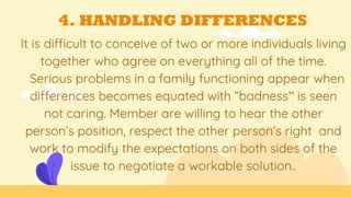 4. HANDLING DIFFERENCES
It is difficult to conceive of two or more individuals living
together who agree on everything all of the time.
Serious problems in a family functioning appear when
differences becomes equated with “badness” is seen
not caring. Member are willing to hear the other
person’s position, respect the other person’s right and
work to modify the expectations on both sides of the
issue to negotiate a workable solution..
 