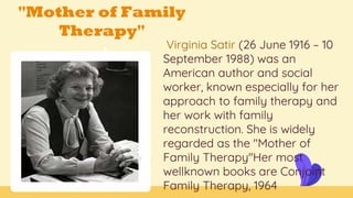"Mother of Family
Therapy"
Virginia Satir (26 June 1916 – 10
September 1988) was an
American author and social
worker, known especially for her
approach to family therapy and
her work with family
reconstruction. She is widely
regarded as the "Mother of
Family Therapy"Her most
wellknown books are Conjoint
Family Therapy, 1964
 