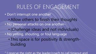 RULES OF ENGAGEMENT
• Don’t interrupt one another
• Allow others to finish their thoughts
• No personal attacks on one another-
• (Challenge ideas and not individuals)
• No yelling, shouting, or foul language
• This space is for positivity & strength-
building
 
