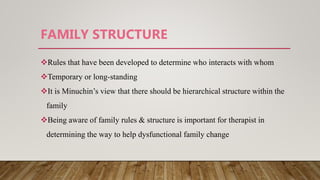 FAMILY STRUCTURE
Rules that have been developed to determine who interacts with whom
Temporary or long-standing
It is Minuchin’s view that there should be hierarchical structure within the
family
Being aware of family rules & structure is important for therapist in
determining the way to help dysfunctional family change
 