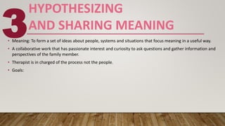 HYPOTHESIZING
AND SHARING MEANING
• Meaning: To form a set of ideas about people, systems and situations that focus meaning in a useful way.
• A collaborative work that has passionate interest and curiosity to ask questions and gather information and
perspectives of the family member.
• Therapist is in charged of the process not the people.
• Goals:
3
 