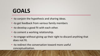 GOALS
• -to conjoin the hypothesis and sharing ideas.
• -to get feedback from various family members
• -to develop a good fit with each other.
• -to cement a working relationship.
• -to engage without giving up their right to discard anything that
does not fit.
• -to redirect the conversation toward more useful
conceptualization.
 